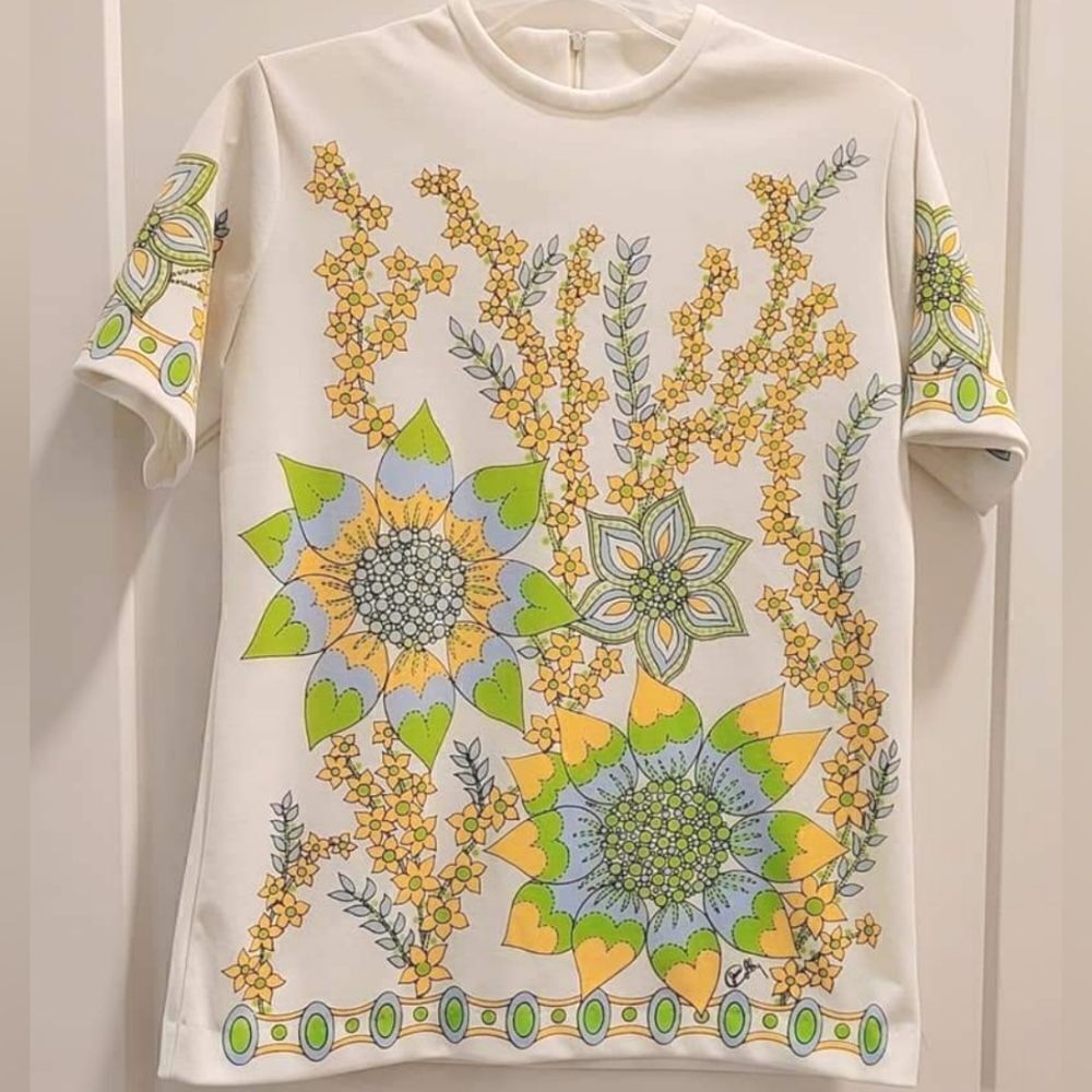 Vintage 60s Jane Colby Mod Top Bright Floral Sunflowers  Hippie Psychedelic M